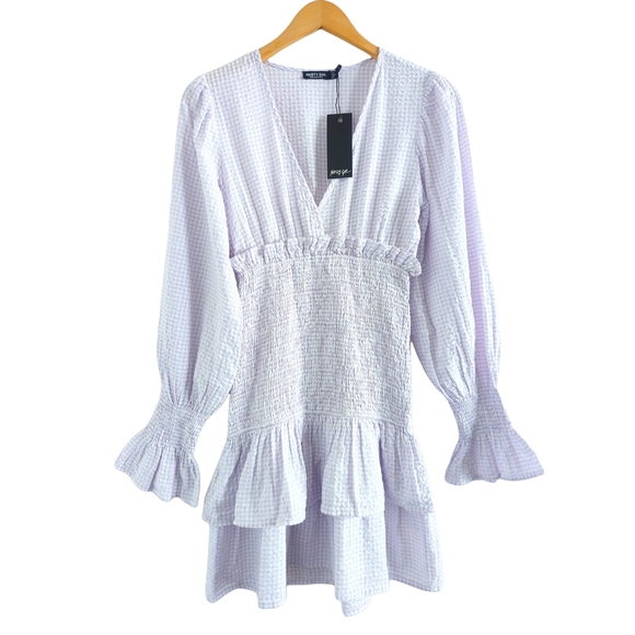 NASTY GAL Gingham Print Tiered Smocked Ruffle Hem Mini Dress in Lavender Size 2 - Picture 4 of 13